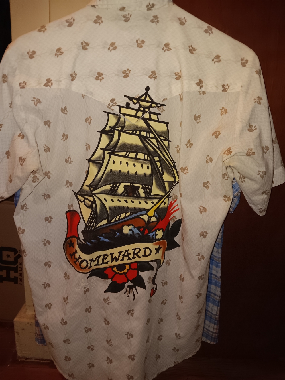 White Short-Sleeve Button-Down Shirt with Ship Graphic